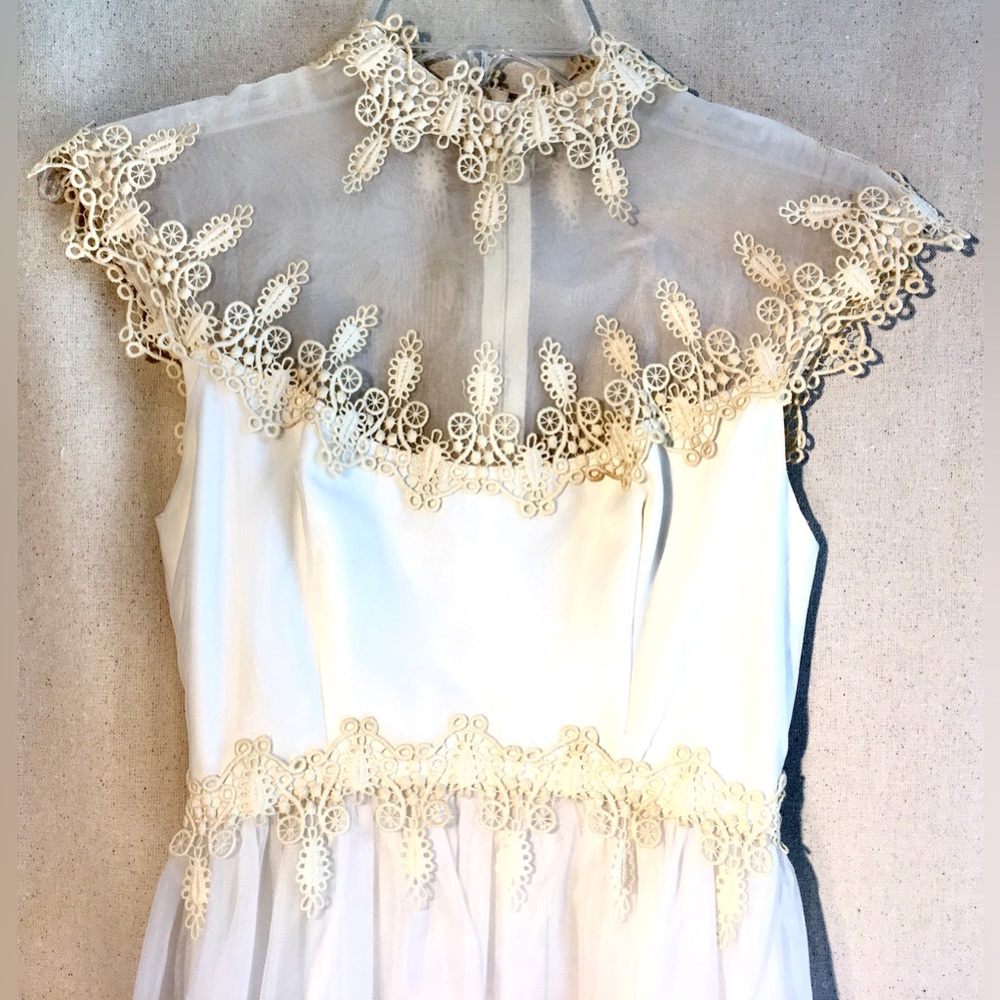 VINTAGE Ivory White Sleeveless Evening gown Lace trim Sheer High neckline Luxe - Picture 3 of 15